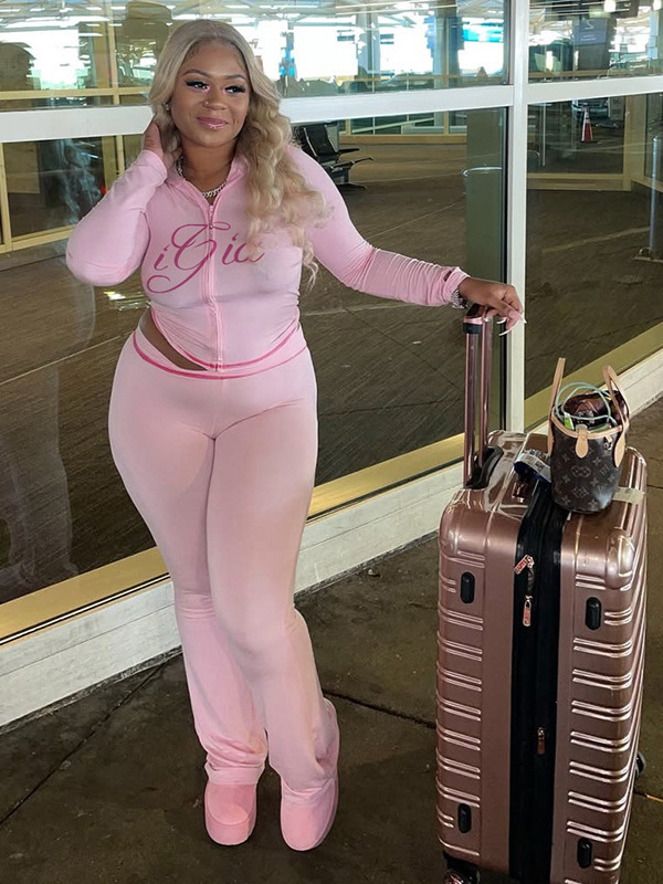 Women Autumn/Winter Solid Zipper Crop Top and Pant Casual Two-Piece Set