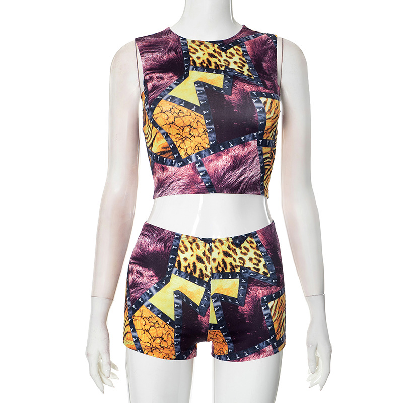Leopard Print Sleeveless Crop Top & Shorts Two-Piece Set