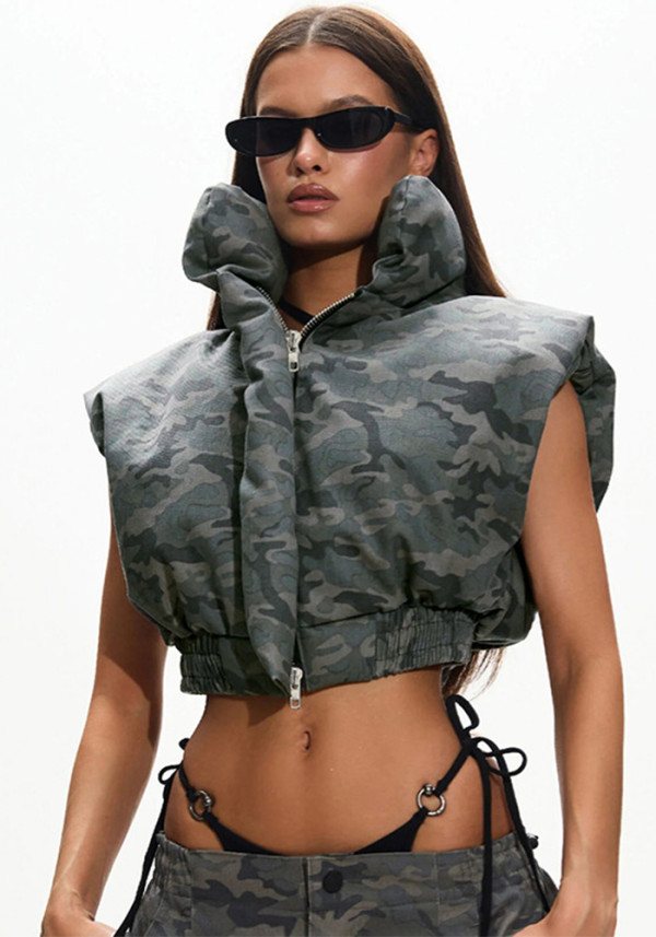 Women Autumn/Winter Camouflage Stand Collar Sleeveless Short Zipper Padding Vest