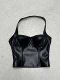 Women Sexy Pu-Leather Solid Basics Halter Neck Top