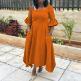 Plus Size Women Autumn/Winter Elegant Ruffle Sleeve Pocket Dress