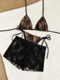 Women Lace Shorts Tie-Waist Sexy Bikini Three-Piece Swimsuit