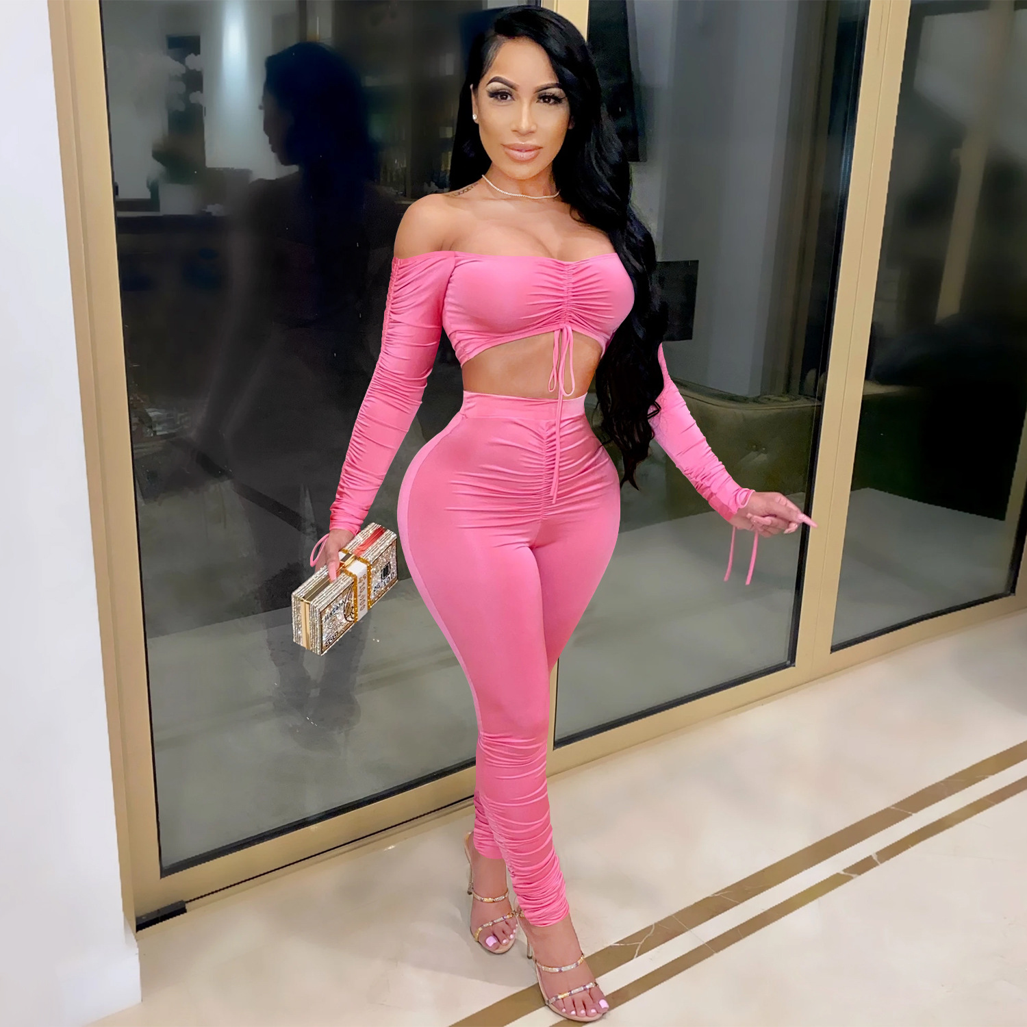 Women Grunge Sleeve Tie-up Top and Pant Two-piece Set