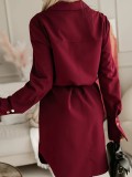 Women Autumn Turndown Collar Solid Tie-Waist Shirt Dress