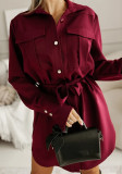 Women Autumn Turndown Collar Solid Tie-Waist Shirt Dress