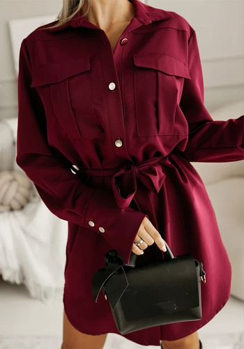 Women Autumn Turndown Collar Solid Tie-Waist Shirt Dress