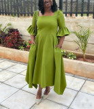 Plus Size Women Autumn/Winter Elegant Ruffle Sleeve Pocket Dress