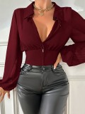 Women Elegant Casual Lantern Sleeve Turndown Collar Long-Sleeved Solid Shirt