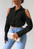 Women Off-Shoulder Hollow-Out Turndown Collar Long-Sleeved Top Shirt