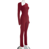 Women Casual Women Asymmetrical V-Neck Long Sleeve Top and Trousers Two-Piece Set