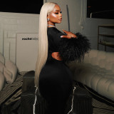 Women Autumn/Winter Round Neck Hollow-Out Furry Patchwork Long Sleeve Bodycon Maxi Dress