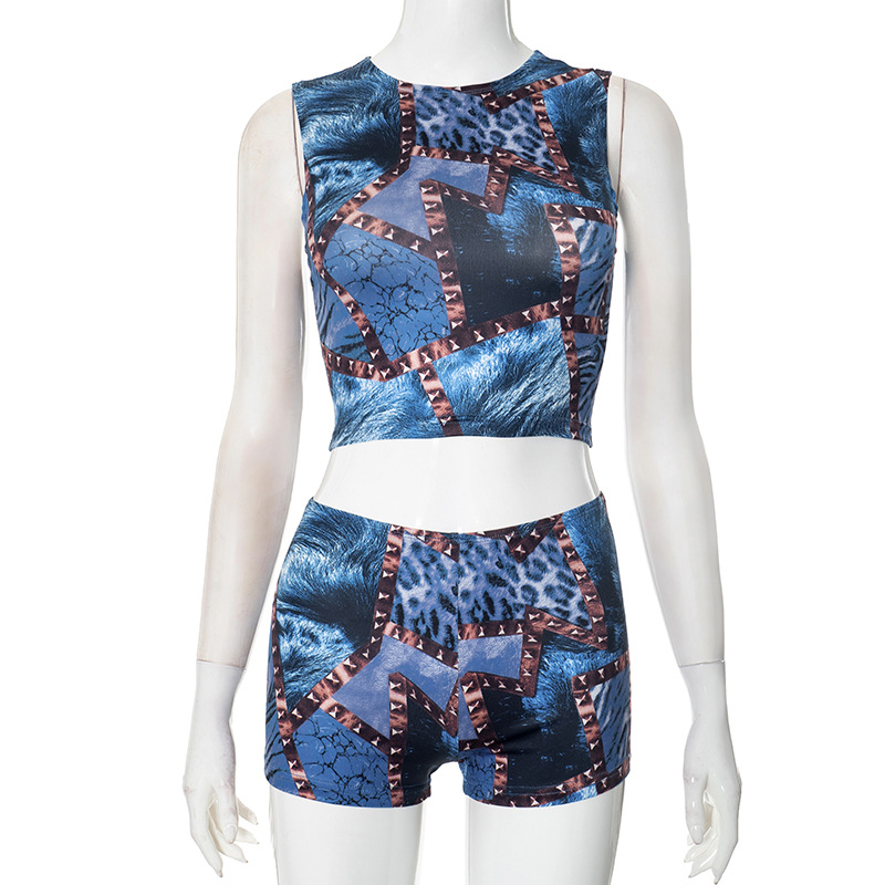 Leopard Print Sleeveless Crop Top & Shorts Two-Piece Set