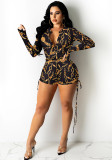 Women Sexy Printed Long-Sleeved V-Neck Jumpsuit