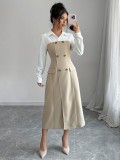 Women Elegant Turndown Collar Patchwork Dress