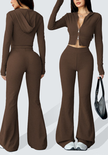 Women Yoga Two-piece set: Hooded Zipper Top and Bell Bottom Pants