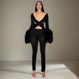 Women Autumn/Winter Sexy Hollow Out Patchwork Furry Jumpsuit