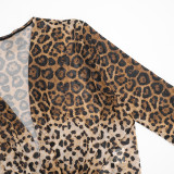 Women Leopard Print Ruffle Collar Bell Bottom Sleeve Top Bra and Skirt Three-Piece