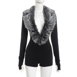 Women Autumn Solid Sexy Furry Neck V-Neck Long Sleeve Romper