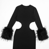 Women Autumn/Winter Round Neck Hollow-Out Furry Patchwork Long Sleeve Bodycon Maxi Dress