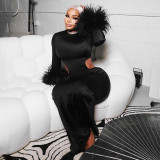 Women Autumn/Winter Round Neck Hollow-Out Furry Patchwork Long Sleeve Bodycon Maxi Dress