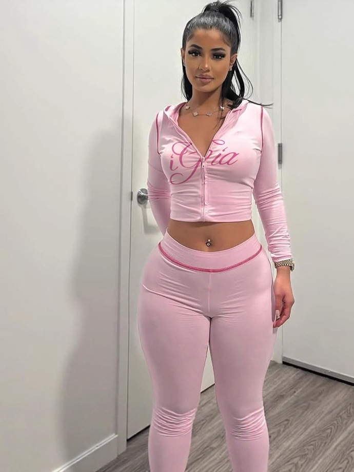 Women Autumn/Winter Solid Zipper Crop Top and Pant Casual Two-Piece Set