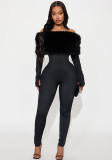Women Autumn/Winter Off-Shoulder Sexy Furry Long Sleeve Jumpsuit