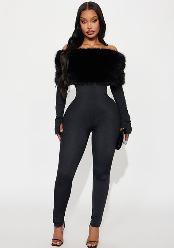 Women Autumn/Winter Off-Shoulder Sexy Furry Long Sleeve Jumpsuit