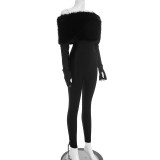 Women Autumn/Winter Off-Shoulder Sexy Furry Long Sleeve Jumpsuit