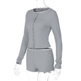 Women Autumn Round Neck Long-Sleeved Top and Shorts Two-Piece Set