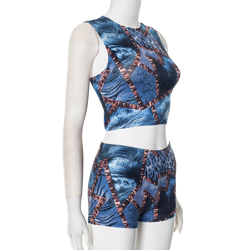 Leopard Print Sleeveless Crop Top & Shorts Two-Piece Set
