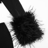 Women Autumn/Winter Round Neck Hollow-Out Furry Patchwork Long Sleeve Bodycon Maxi Dress