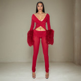 Women Autumn/Winter Sexy Hollow Out Patchwork Furry Jumpsuit