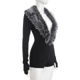 Women Autumn Solid Sexy Furry Neck V-Neck Long Sleeve Romper