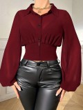 Women Elegant Casual Lantern Sleeve Turndown Collar Long-Sleeved Solid Shirt