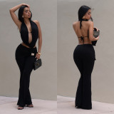 Women Sexy Solid Backless Top and Pants Two-piece Set