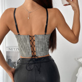 Women Pu-Leather Bandeau Patchwork Sexy Lace Herringbone Vest