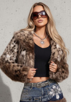 Women American Style Autumn/Winter Leopard Print Furry Turndown Collar Jacket