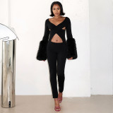 Women Autumn/Winter Sexy Hollow Out Patchwork Furry Jumpsuit