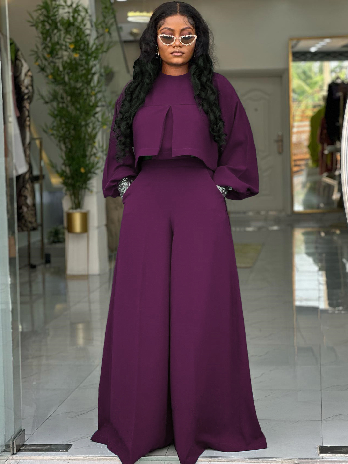 Women Autumn/Winter Round Neck Irregular Lantern Sleeve Top Wide Leg Pants Two-Piece Set