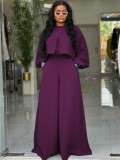 Women Autumn/Winter Round Neck Irregular Lantern Sleeve Top Wide Leg Pants Two-Piece Set