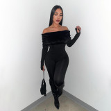 Women Autumn/Winter Off-Shoulder Sexy Furry Long Sleeve Jumpsuit