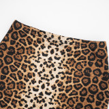 Women Leopard Print Ruffle Collar Bell Bottom Sleeve Top Bra and Skirt Three-Piece