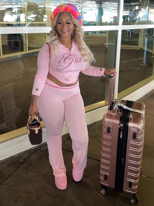 Women Autumn/Winter Solid Zipper Crop Top and Pant Casual Two-Piece Set