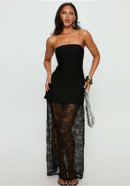 Women Winter Sexy Lace Patchwork Strapless Top and Skirt Two-Piece Set