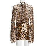 Women Leopard Print Ruffle Collar Bell Bottom Sleeve Top Bra and Skirt Three-Piece