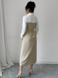 Women Elegant Turndown Collar Patchwork Dress