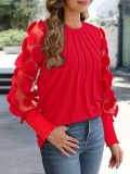 Women Casual Long-Sleeved Round Neck Patchwork Chiffon Shirt Top