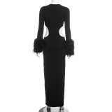 Women Autumn/Winter Round Neck Hollow-Out Furry Patchwork Long Sleeve Bodycon Maxi Dress