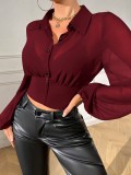 Women Elegant Casual Lantern Sleeve Turndown Collar Long-Sleeved Solid Shirt