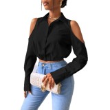 Women Off-Shoulder Hollow-Out Turndown Collar Long-Sleeved Top Shirt